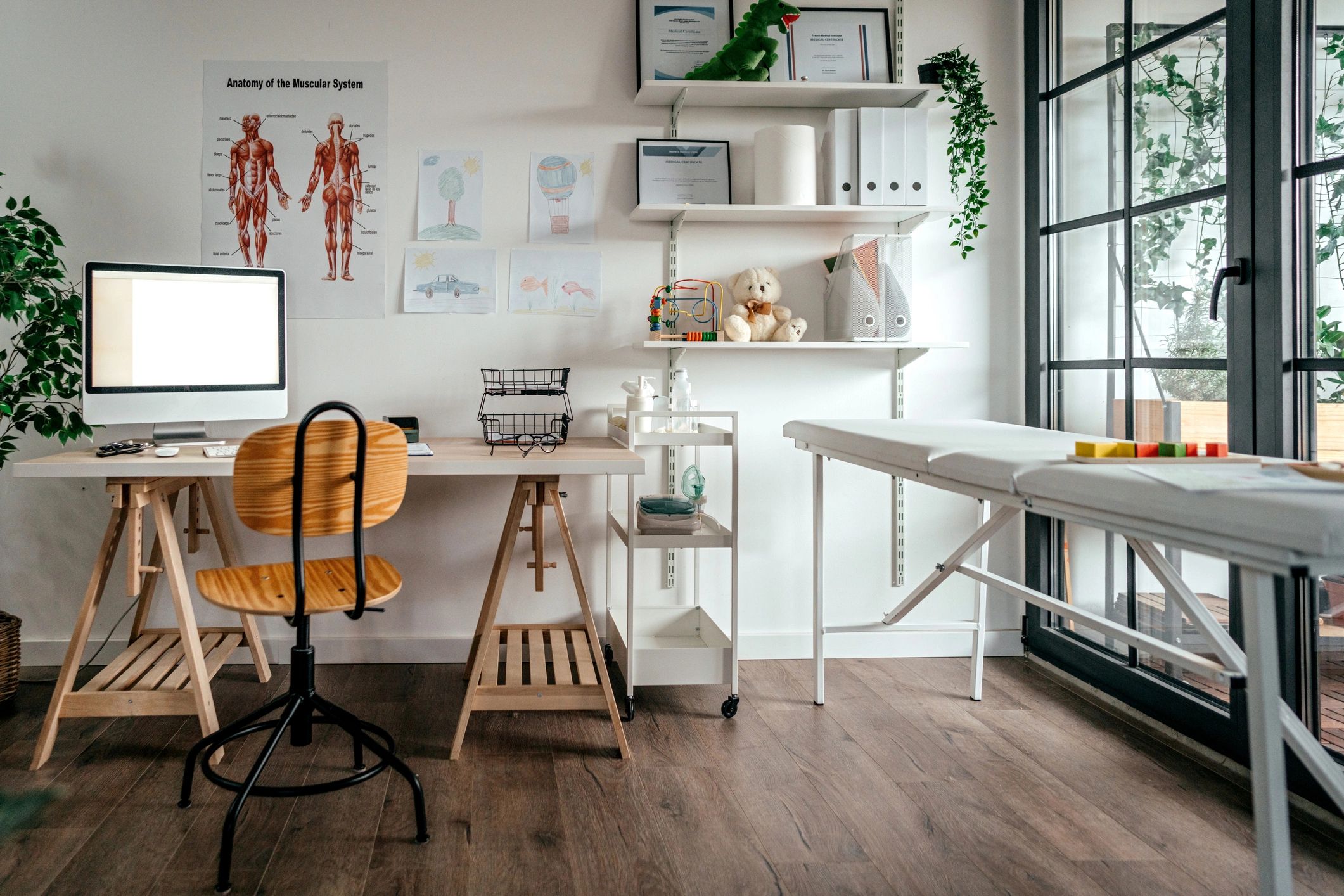 A cozy medical office with anatomical charts, wooden desk, and examination table.